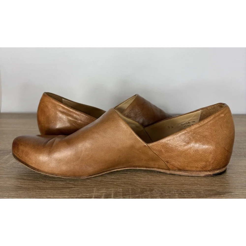 I.N.K. Shoes Made in Italy Cognac Leather Loafers Slip On Flats Burnished Sz 9.5